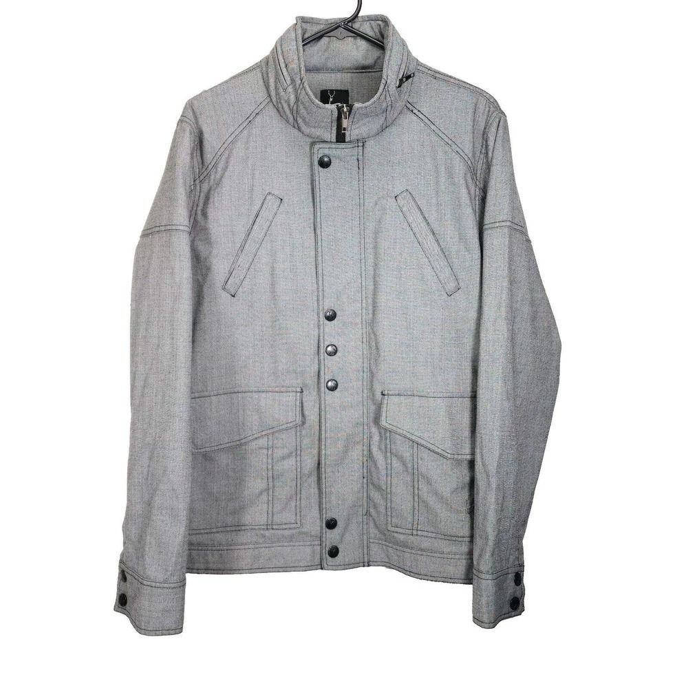 Kane & Unke Men's Sz Large Light Gray Herringbone Hidden Hoodie Military Jacket